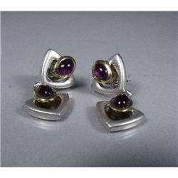 A Pair of Sterling Silver and Gold Vermeil Amethyst Drop Earrings,