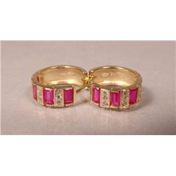 A Pair of 14 kt Yellow Gold, Red Spinel and Zircon Mini Huggie Earrings,