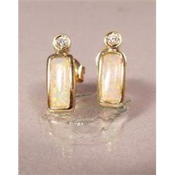 A Pair of 14 kt Yellow Gold, Opal and Diamond Earrings,