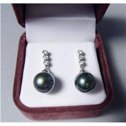 A Pair of 18 kt White Gold, Black Pearl and Diamond Drop Earrings,