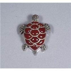 A Sterling Silver Marcasite and Carnelian Kinetic Turtle Form Brooch,