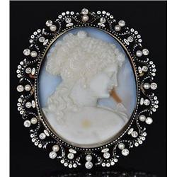 A Carved Russian Agate Cameo with 18 kt Yellow Gold, Diamond and Pearl Frame with Black and White En