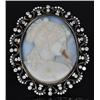 Image 1 : A Carved Russian Agate Cameo with 18 kt Yellow Gold, Diamond and Pearl Frame with Black and White En