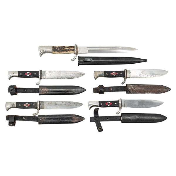 4 WWII GERMAN HJ KNIVES AND 1 DRESS BAYONET.