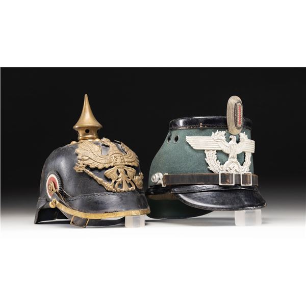 GERMAN WWI SPIKE HELMET & WWII POLICE SHAKO.