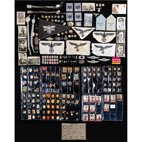 LARGE LOT OF MOSTLY WWII GERMAN PINS, TINNIES,