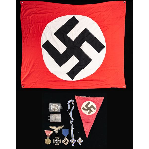 WWII GERMAN PENNANT, MEDALS, BUCKLES, AND MORE.