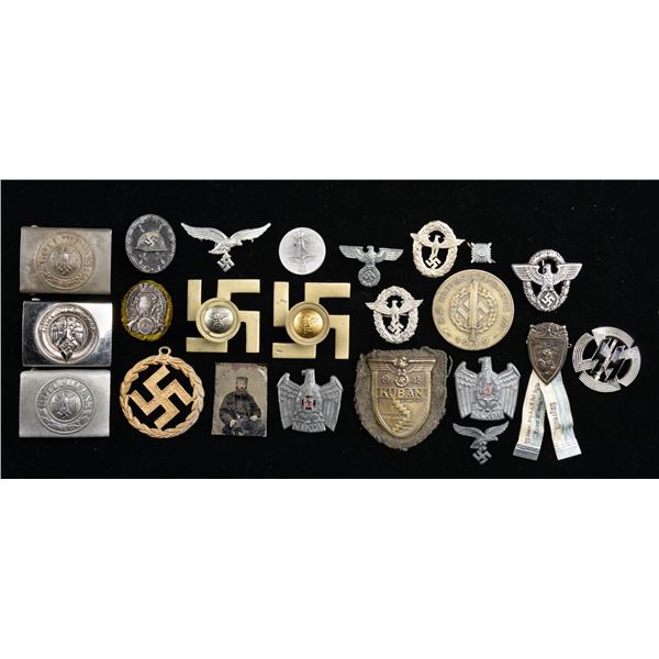 WWII GERMAN BUCKLES, PINS, INSIGNIS, AND MORE.
