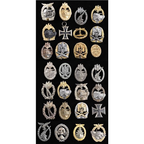 28 WWII GERMAN STYLE BADGES AND MEDALS.