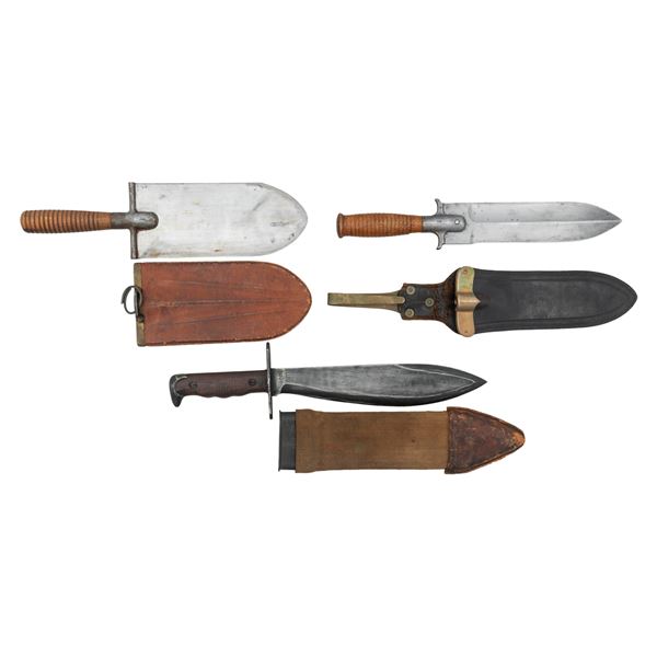 THREE LARGE US MILITARY KNIVES.