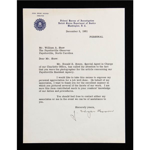 J. EDGAR HOOVER SIGNED LETTER ON FBI LETTERHEAD.