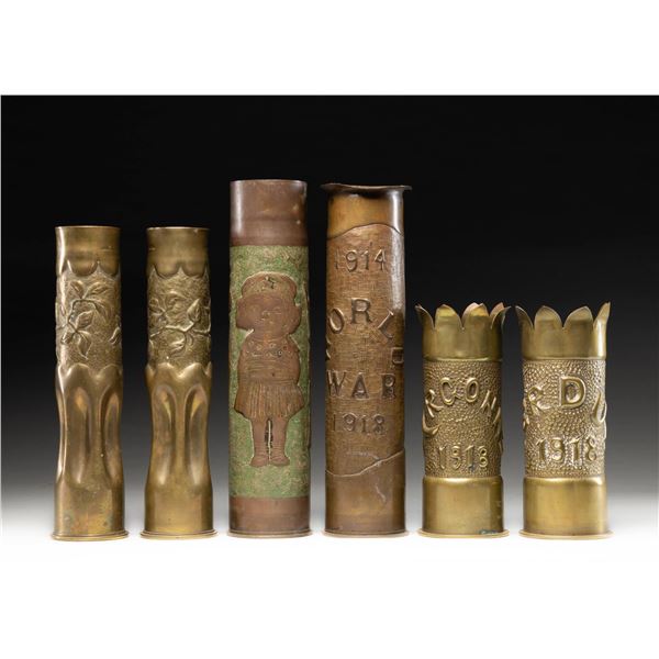 SIX WW1 TRENCH ART SHELLS.
