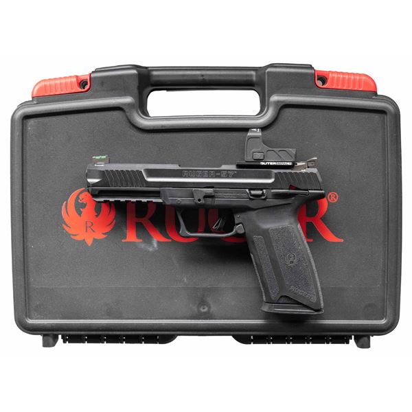 RUGER-57 SEMI-AUTO PISTOL, CASE AND AMMO.