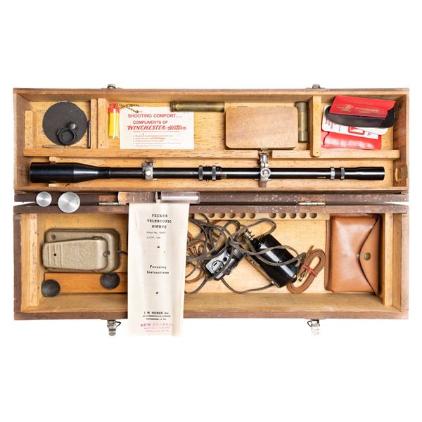 FECKER 10X TARGET SCOPE & SHOOTER'S ACCESSORY BOX.