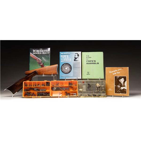 LOT OF ASSORTED GUN PARTS & BOOKS.