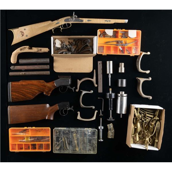 LOT OF MOSTLY BLACK POWDER PARTS.