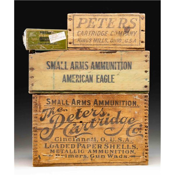 3 AMMO CRATES & EMPTY ERROR WESTERN AMMO BOX.