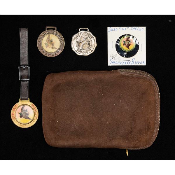 LOT OF DEAD SHOT POWDER WATCH FOBS & PINBACK