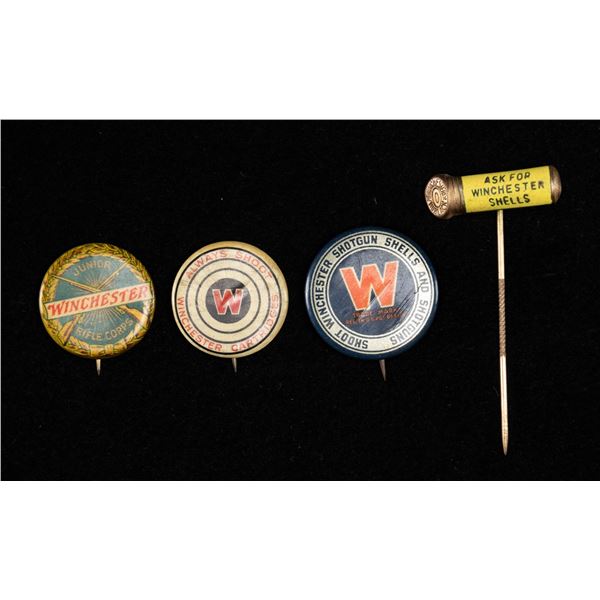LOT OF 4 VINTAGE WINCHESTER ADVERTISING PINS.