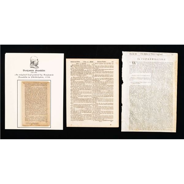 THREE RARE BOOK PAGES PRINTED IN COLONIAL AMERICA.