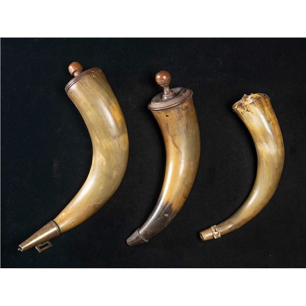 THREE ATTRACTIVE LARGE EARLY POWDER HORNS.