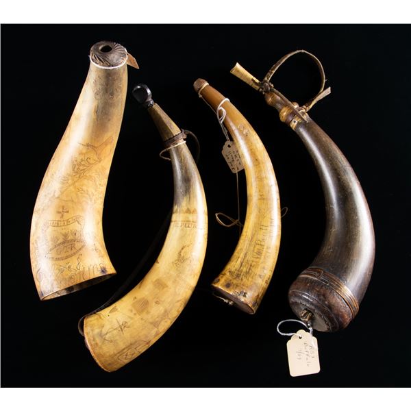 FOUR SCRIMSHAWED POWDER HORNS.