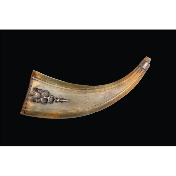 GERMAN FLAT HORN POWDER FLASK.