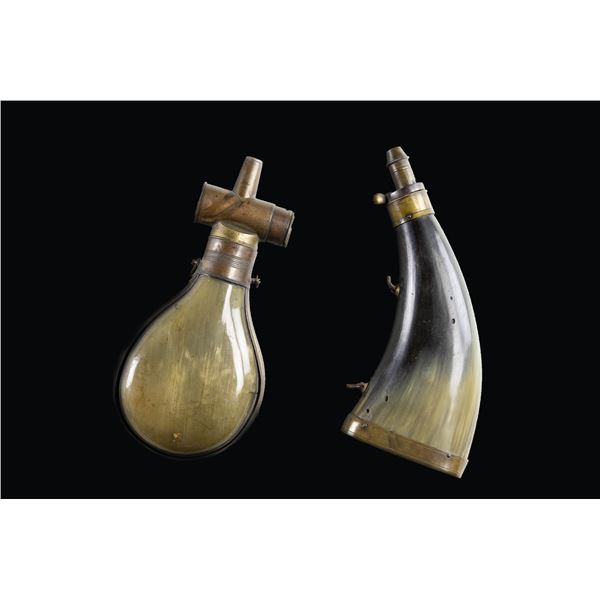 LOT OF TWO BRITISH POWDER FLASKS.