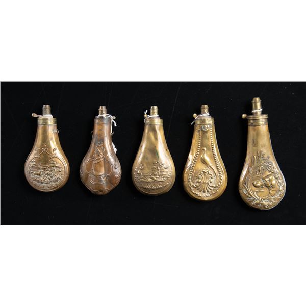 FIVE DECORATED HUNTING POWDER FLASKS.