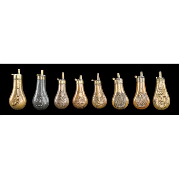 8 PISTOL POWDER FLASKS.