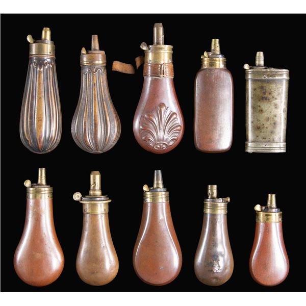 TEN DIFFERENT PISTOL FLASKS.