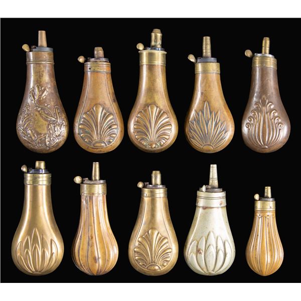 TEN DECORATED PISTOL POWDER FLASKS.