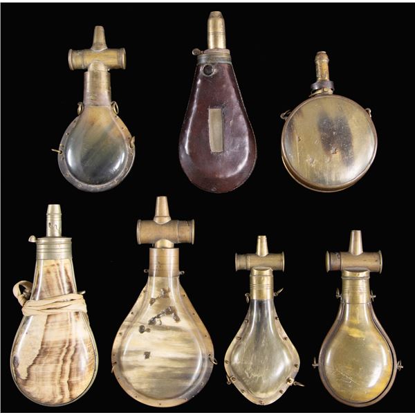 SEVEN SCARCE BRASS BOUND EARLY HORN POWDER