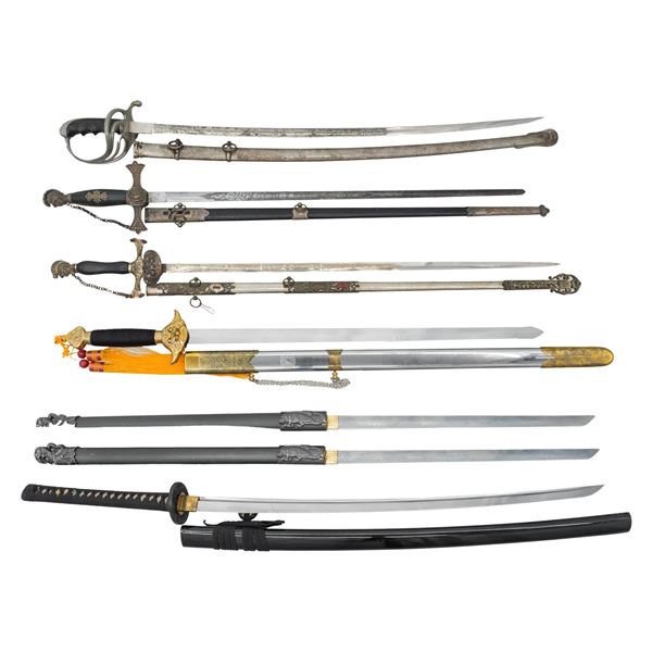 3 FANTASY, 2 FRATERNAL, & US M1902 SWORDS.