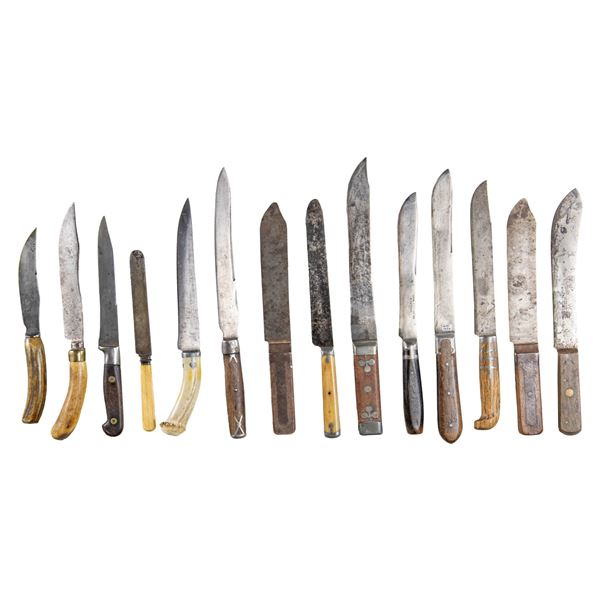 LARGE GROUP OF FRONTIER SIDE KNIVES AND BUTCHER