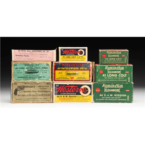 9 BOXES OF COLLECTABLE HANDGUN AMMO.