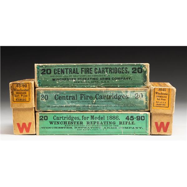 ANTIQUE BOXES OF BIG BORE WINCHESTER AMMO.