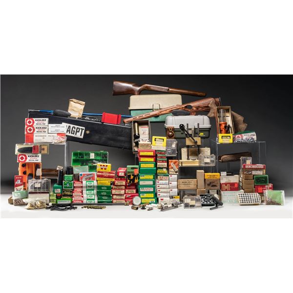 LOT OF AMMO, RELOADING CASES & GUN PARTS.