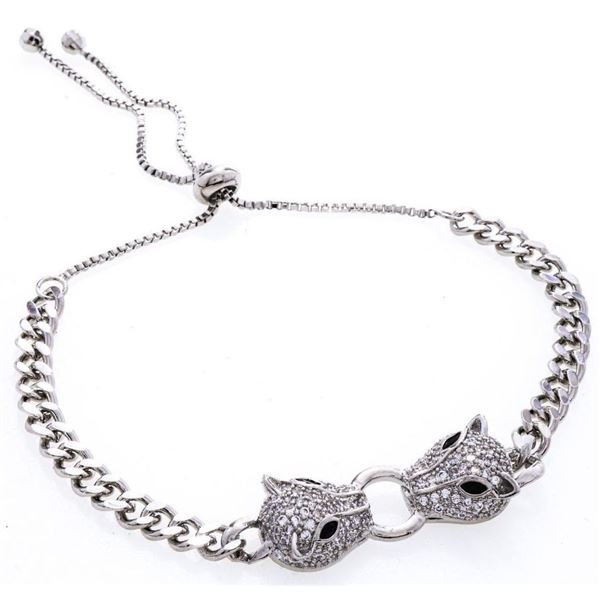 Silver Double Panther Head Bracelet Pave Set