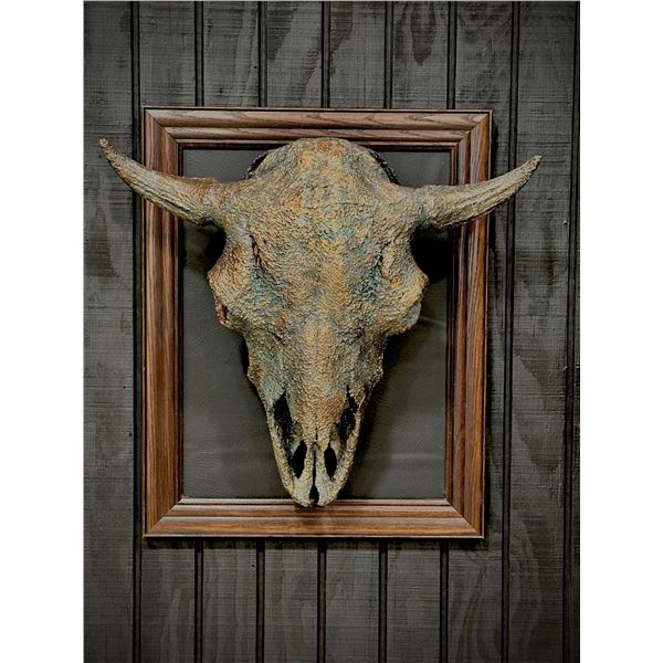 Mounted Mature Bison Skull — Bronze-Clad with Light Patina (22" x 27" Frame)