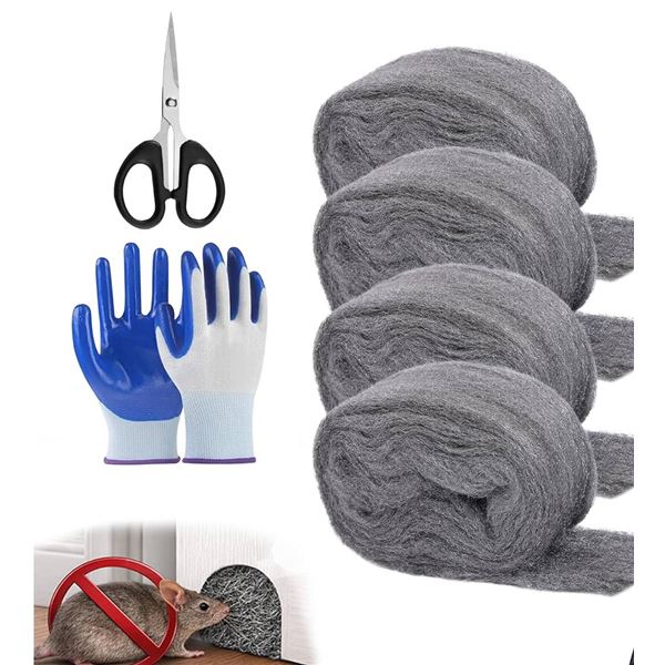 DEMIBAZ Steel Wool Mice Repellent - 4 Rolls of Steel Wool (14ft x 3.1in, Coarse Grade #3), Scissors 