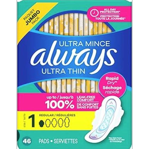 Always Ultra Thin Pads Regular, 46 Count, Jumbo Pack