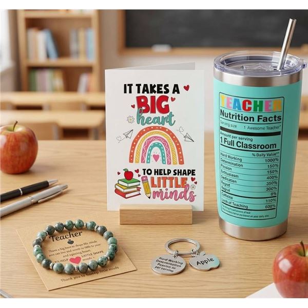 Teacher-Themed Gift Set With Tumbler, Bracelet, Keychain, and Card