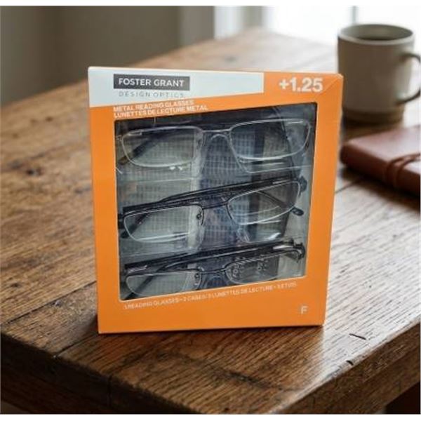 Foster Grant Metal Reading Glasses Set +1.25 Strength in Three Styles