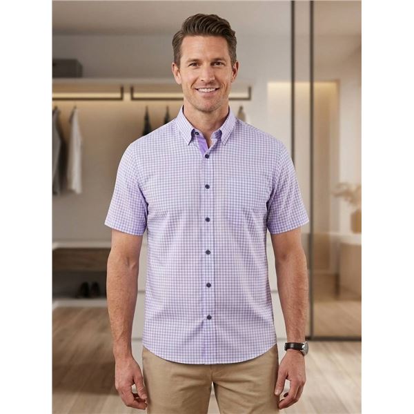Duchamp Men’s Short Sleeve Button-Up Shirt, Size Large, Purple Checkered Pattern