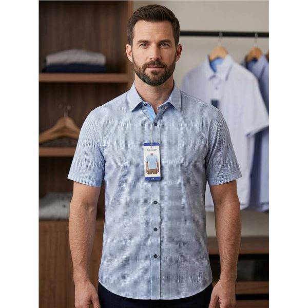 Duchamp Men’s Short Sleeve Button-Up Shirt, Size Large, Light Blue Dots