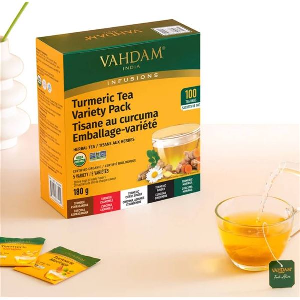Vahdam Turmeric Tea Variety Pack - 100 Tea Bags, 180g