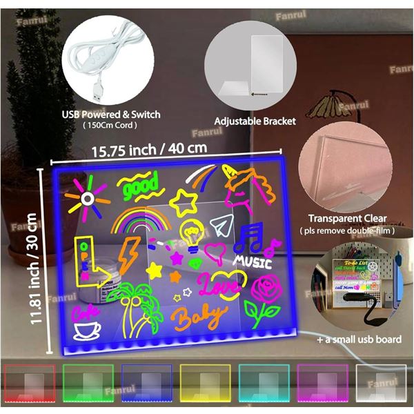 Fanrui 7-Colors 15.75x11.81 Inch LED Acrylic Dry Erase Memo Whiteboard with Remote, Timer & Dimmer,