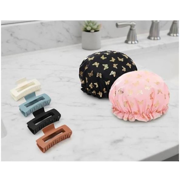 Lot of 3-Piece Shower Cap Set With 5 Piece Claw Hair Clips