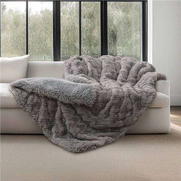 Mon Chateau Luxe Jacquard Faux Fur Throw, 60 x 70 Inches, Gray
